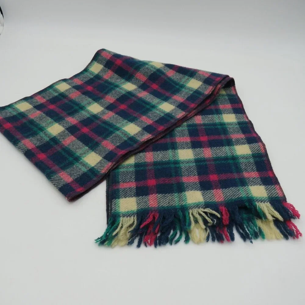Vintage Woolrich Scarf Blue Red Green Yellow Plaid Wool Made‎ in USA 90s